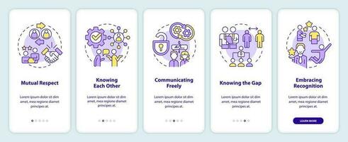 Build solid employer employee relations onboarding mobile app screen. Walkthrough 5 steps editable graphic instructions with linear concepts. UI, UX, GUI template vector