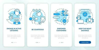 Call center customer service work blue onboarding mobile app screen. Walkthrough 4 steps editable graphic instructions with linear concepts. UI, UX, GUI template vector