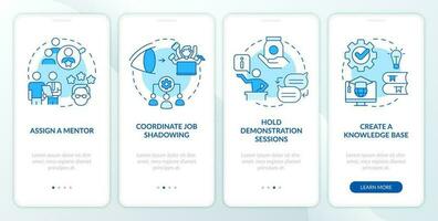 Product feature and application blue onboarding mobile app screen. Walkthrough 4 steps editable graphic instructions with linear concepts. UI, UX, GUI template vector