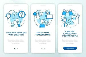 Positive attitude in service blue onboarding mobile app screen. Walkthrough 3 steps editable graphic instructions with linear concepts. UI, UX, GUI template vector