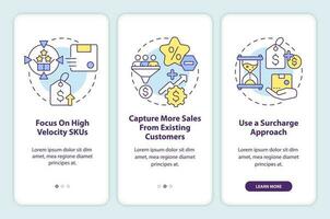 Strategies for raising prices onboarding mobile app screen. Walkthrough 3 steps editable graphic instructions with linear concepts. UI, UX, GUI template vector