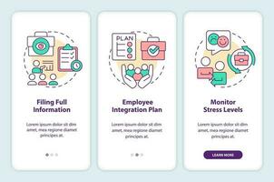 Preventing mass exodus during mergers onboarding mobile app screen. Walkthrough 3 steps editable graphic instructions with linear concepts. UI, UX, GUI template vector