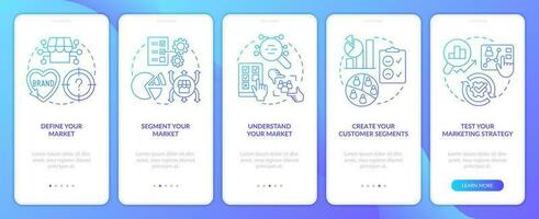 Get started with segmentation blue gradient onboarding mobile app screen. Walkthrough 5 steps graphic instructions with linear concepts. UI, UX, GUI template vector
