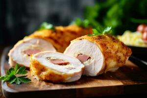 chicken cordon bleu in The kitchen table Food Photography AI Generated photo