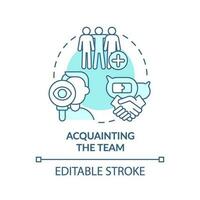 Acquainting team turquoise concept icon. New hire customer service training step abstract idea thin line illustration. Isolated outline drawing. Editable stroke vector