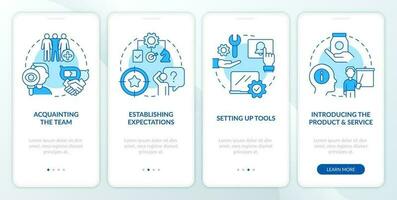 New hire customer service training blue onboarding mobile app screen. Walkthrough 4 steps editable graphic instructions with linear concepts. UI, UX, GUI template vector