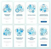 Employees trainings blue onboarding mobile app screens set. Business walkthrough 4 steps editable graphic instructions with linear concepts. UI, UX, GUI template vector