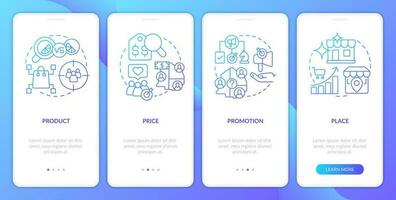 Four P marketing mix blue gradient onboarding mobile app screen. Walkthrough 4 steps graphic instructions with linear concepts. UI, UX, GUI template vector