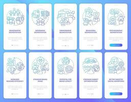 Market segmentation blue gradient onboarding mobile app screen set. Walkthrough 5 steps graphic instructions with linear concepts. UI, UX, GUI template vector