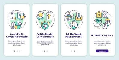 Raise prices without losing customers onboarding mobile app screen. Walkthrough 4 steps editable graphic instructions with linear concepts. UI, UX, GUI template vector