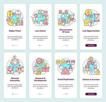 Merge and acquire businesses onboarding mobile app screen set. Walkthrough 4 steps editable graphic instructions with linear concepts. UI, UX, GUI template vector