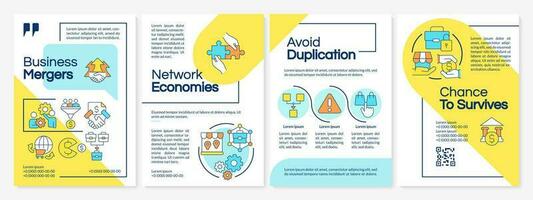 Business mergers benefits blue and yellow brochure template. Leaflet design with linear icons. Editable 4 vector layouts for presentation, annual reports