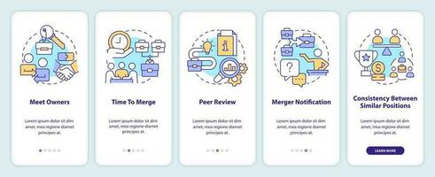 Managing business merger onboarding mobile app screen. Meet owners walkthrough 5 steps editable graphic instructions with linear concepts. UI, UX, GUI template vector