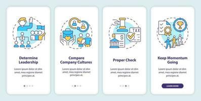 Stages of successful merger onboarding mobile app screen. Leadership walkthrough 4 steps editable graphic instructions with linear concepts. UI, UX, GUI template vector