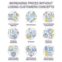 Increasing prices without losing customers concept icons set. Commercial strategy idea thin line color illustrations. Isolated symbols. Editable stroke vector
