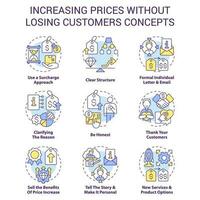 Increasing prices without losing customers concept icons set. Commercial strategy idea thin line color illustrations. Isolated symbols. Editable stroke vector