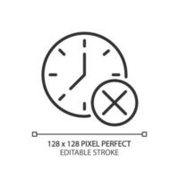 Clock with cross mark pixel perfect linear icon. Digital watch with x sign. Canceling appointment. Thin line illustration. Contour symbol. Vector outline drawing. Editable stroke