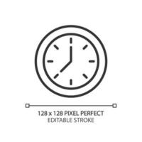 Clock face pixel perfect linear icon. Displaying time. Showing hours and minutes. Timekeeping tool. Thin line illustration. Contour symbol. Vector outline drawing. Editable stroke