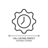 Time management pixel perfect linear icon. Flexible hours. Clock inside gear. Planning tasks. Thin line illustration. Contour symbol. Vector outline drawing. Editable stroke