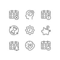 Time and date pixel perfect linear icons set. Calendar management. Save money. Sandglass. 24-hour service. Customizable thin line symbols. Isolated vector outline illustrations. Editable stroke