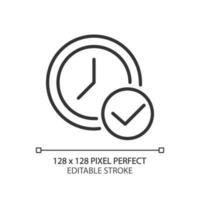 Clock with check mark pixel perfect linear icon. Approving appointment time. Digital watch with tick. Thin line illustration. Contour symbol. Vector outline drawing. Editable stroke