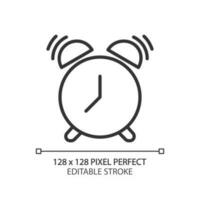 Ringing alarm clock pixel perfect linear icon. Wake up time. Sleep schedule. Reminder tool. Thin line illustration. Contour symbol. Vector outline drawing. Editable stroke
