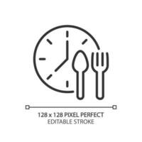 Lunchtime pixel perfect linear icon. Manage nutrition schedule. Take lunch break at work. Meal periods. Thin line illustration. Contour symbol. Vector outline drawing. Editable stroke