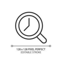 Magnifying glass with clock pixel perfect linear icon. Time tracking. Dial inside loupe. Estimation. Thin line illustration. Contour symbol. Vector outline drawing. Editable stroke