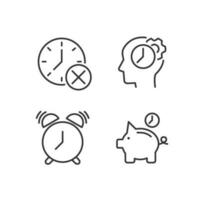 Organizing time wisely pixel perfect linear icons set. Thinking process. Alarm clock. Deadline cancel. Customizable thin line symbols. Isolated vector outline illustrations. Editable stroke