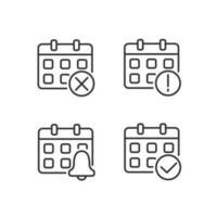 Calendar app management pixel perfect linear icons set. Meeting reminder. Daily schedule. Upcoming activities. Customizable thin line symbols. Isolated vector outline illustrations. Editable stroke