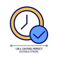 Clock with check mark pixel perfect RGB color icon. Approving appointment time. Digital watch with tick. Isolated vector illustration. Simple filled line drawing. Editable stroke