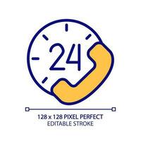 Round-the-clock support pixel perfect RGB color icon. 24 hour call answering service. Helping customers. Isolated vector illustration. Simple filled line drawing. Editable stroke