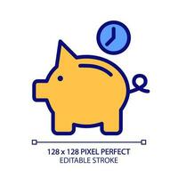 Save money for future pixel perfect RGB color icon. Retirement savings. Piggy bank with clock. Isolated vector illustration. Simple filled line drawing. Editable stroke