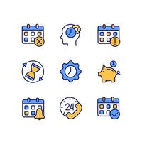 Time and date pixel perfect RGB color icons set. Calendar management. Save money. Sandglass. 24-hour service. Isolated vector illustrations. Simple filled line drawings collection. Editable stroke