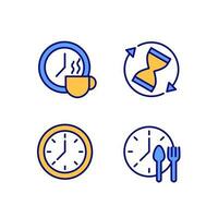 Managing time efficiently pixel perfect RGB color icons set. Rotating sandglass. Break period. Clock face. Isolated vector illustrations. Simple filled line drawings collection. Editable stroke