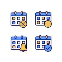 Calendar app management pixel perfect RGB color icons set. Meeting reminder. Daily schedule. Upcoming activities. Isolated vector illustrations. Simple filled line drawings collection. Editable stroke