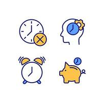 Organizing time wisely pixel perfect RGB color icons set. Thinking process. Alarm clock. Deadline cancel. Isolated vector illustrations. Simple filled line drawings collection. Editable stroke