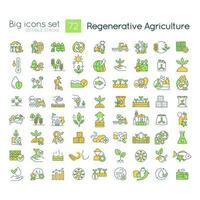 Regenerative agriculture RGB color icons set. Ecologically safe farming. Nature conservation. Isolated vector illustrations. Simple filled line drawings collection. Editable stroke
