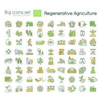 Regenerative agriculture RGB color icons set. Ecologically safe farming. Nature conservation. Isolated vector illustrations. Simple filled line drawings collection. Editable stroke