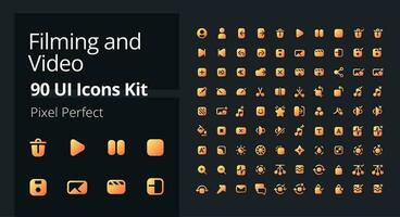 vídeo producción píxel Perfecto sólido degradado ui íconos equipo. rodaje software. imágenes ajustes. vibrante color lleno simbolos moderno glifo pictogramas paquete para oscuro tema. aislado vector imagen