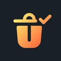 Successfully deleted orange solid gradient ui icon for dark theme. Trash can. Removing confirm. Filled pixel perfect symbol on black space. Modern glyph pictogram for web. Isolated vector image