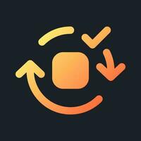 Applying spin motion effect orange solid gradient ui icon for dark theme. Added video transition. Filled pixel perfect symbol on black space. Modern glyph pictogram for web. Isolated vector image