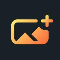 Add image orange solid gradient ui icon for dark theme. Insert photo into footage. Overlay picture. Filled pixel perfect symbol on black space. Modern glyph pictogram for web. Isolated vector image