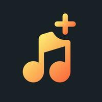 Add audio orange solid gradient ui icon for dark theme. Background music. Combine footage and song. Filled pixel perfect symbol on black space. Modern glyph pictogram for web. Isolated vector image