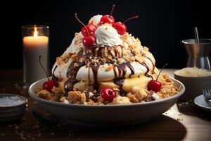 A delicious Banana split ice cream dessert with chocolate syrup. Banana split ice cream dessert by photo