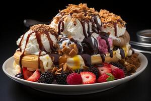 A delicious Banana split ice cream dessert with chocolate syrup. Banana split ice cream dessert by photo