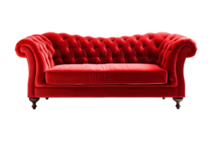 Sofa Deko Stil im rot isoliert auf transparent Hintergrund. Vorderseite Sicht. Serie von Möbel. ai generiert png