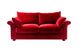 sofá deco estilo en rojo aislado en transparente antecedentes. frente vista. serie de mueble. ai generado png