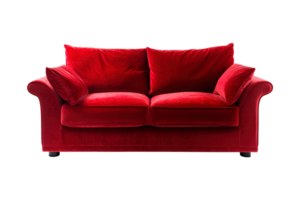 divano deco stile nel rosso isolato su trasparente sfondo. davanti Visualizza. serie di arredamento. ai generato png