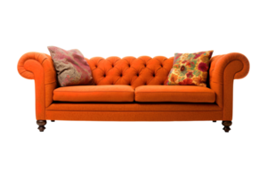 sofá deco estilo en naranja aislado en transparente antecedentes. frente vista. serie de mueble. ai generado png